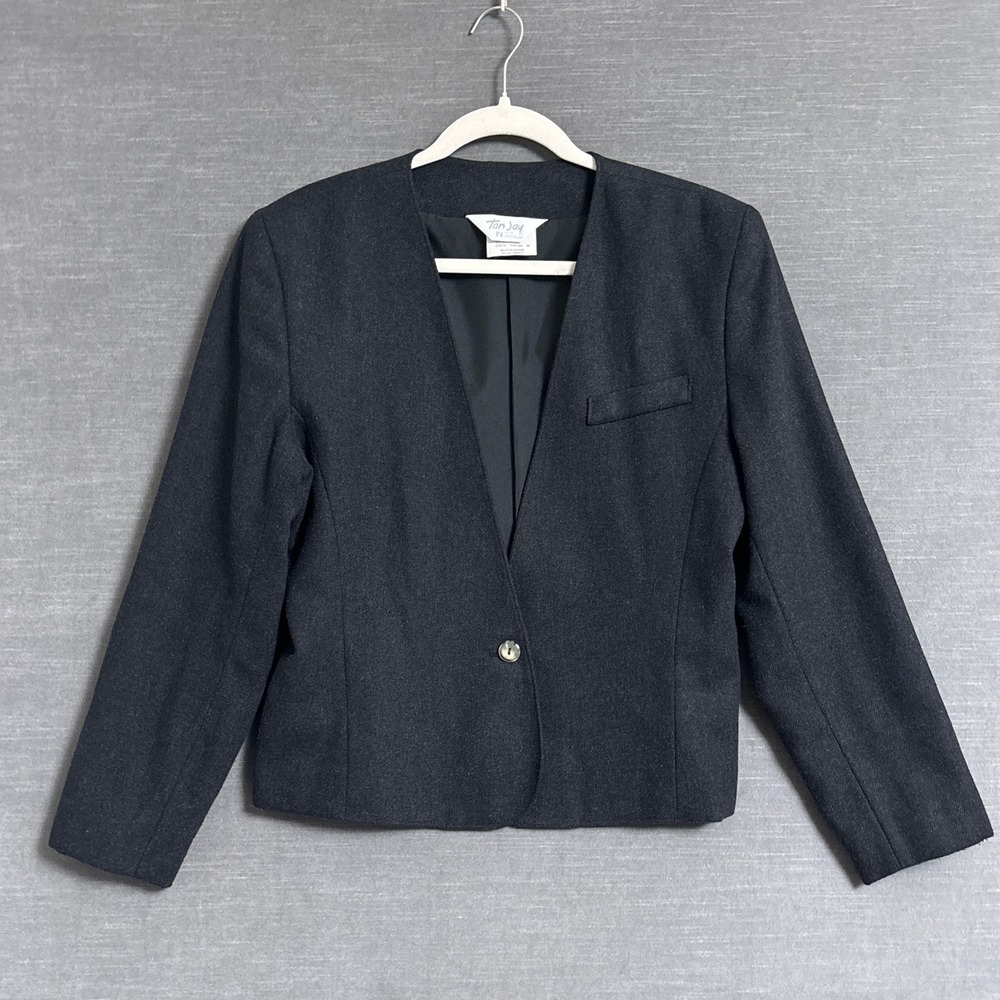 Vintage Tan Jay Blazer 10 Charcoal Gray Wool‎ Minimalist Career Jacket Classic